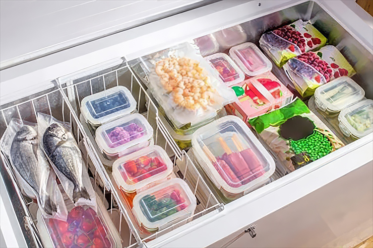 морозильная камера с пакетами еды